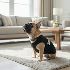 Mincy Pets Letterbox Tank in black worn by a fawn French Bulldog sitting on a rug in a bright living room.