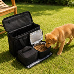 Mincy Pets black polyester travel dog food storage bag with insulated containers and a puppy eating on green grass