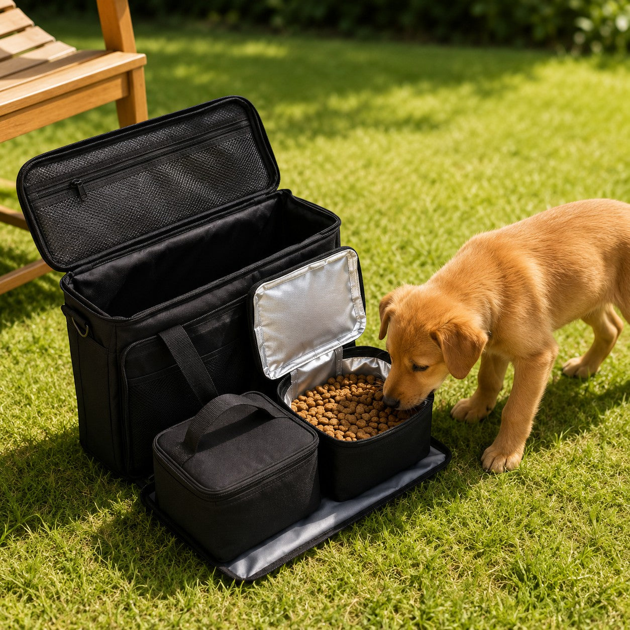 Mincy Pets black polyester travel dog food storage bag with insulated containers and a puppy eating on green grass
