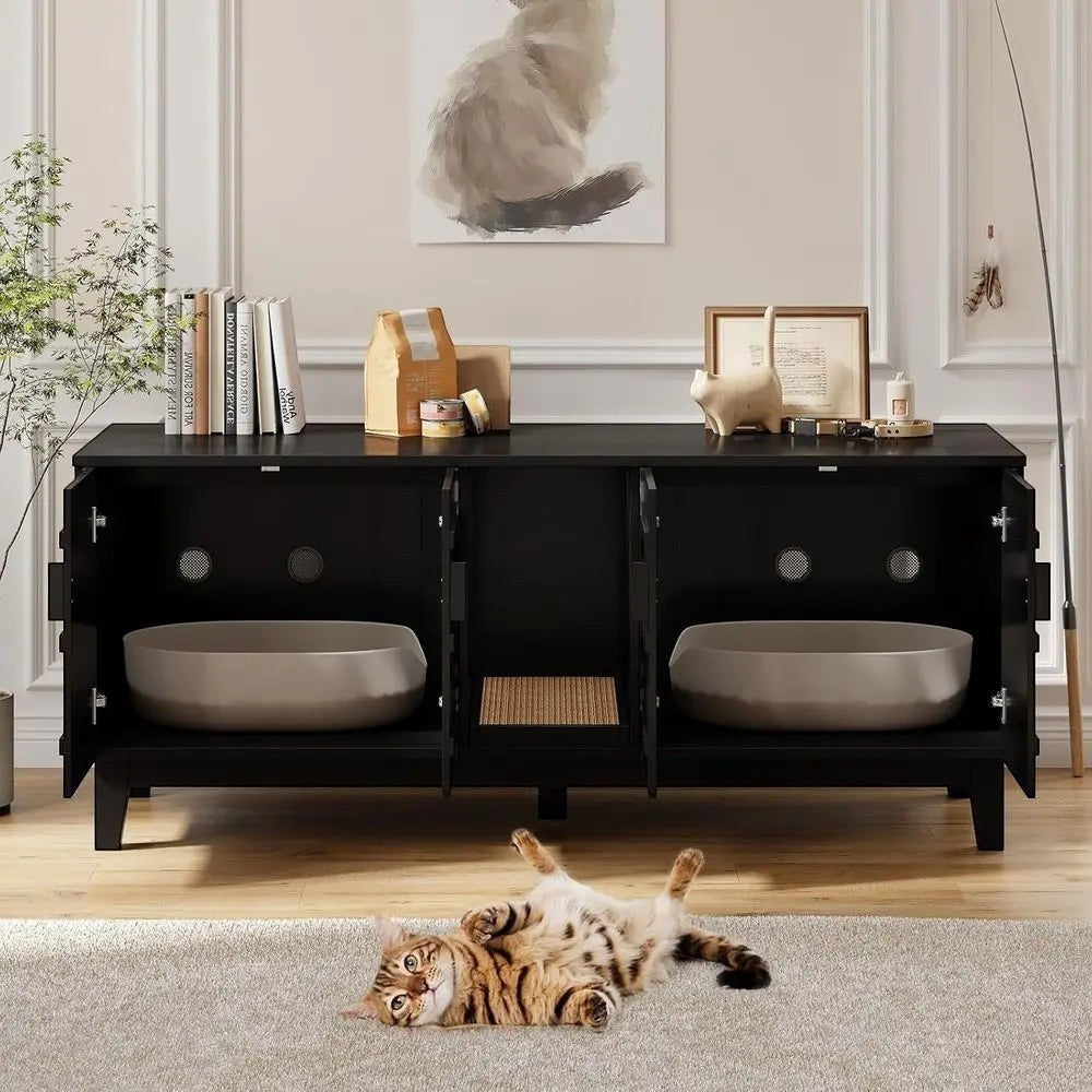 Mincy Pets black double-room cat litter box enclosure with a built-in scratching pad and ventilation holes.