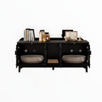 Mincy Pets black double-room wooden cat litter box enclosure with a central scratching pad and two litter trays.