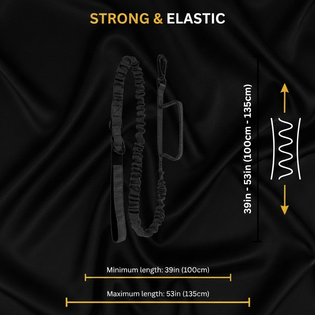 Mincy Pets black elastic dog leash with padded handle and metal clip, adjustable length from 39 to 53 inches.