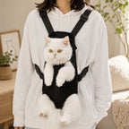 Mincy Pets black breathable mesh pet carrier backpack with a white cat in a legs-out design for hiking and travel