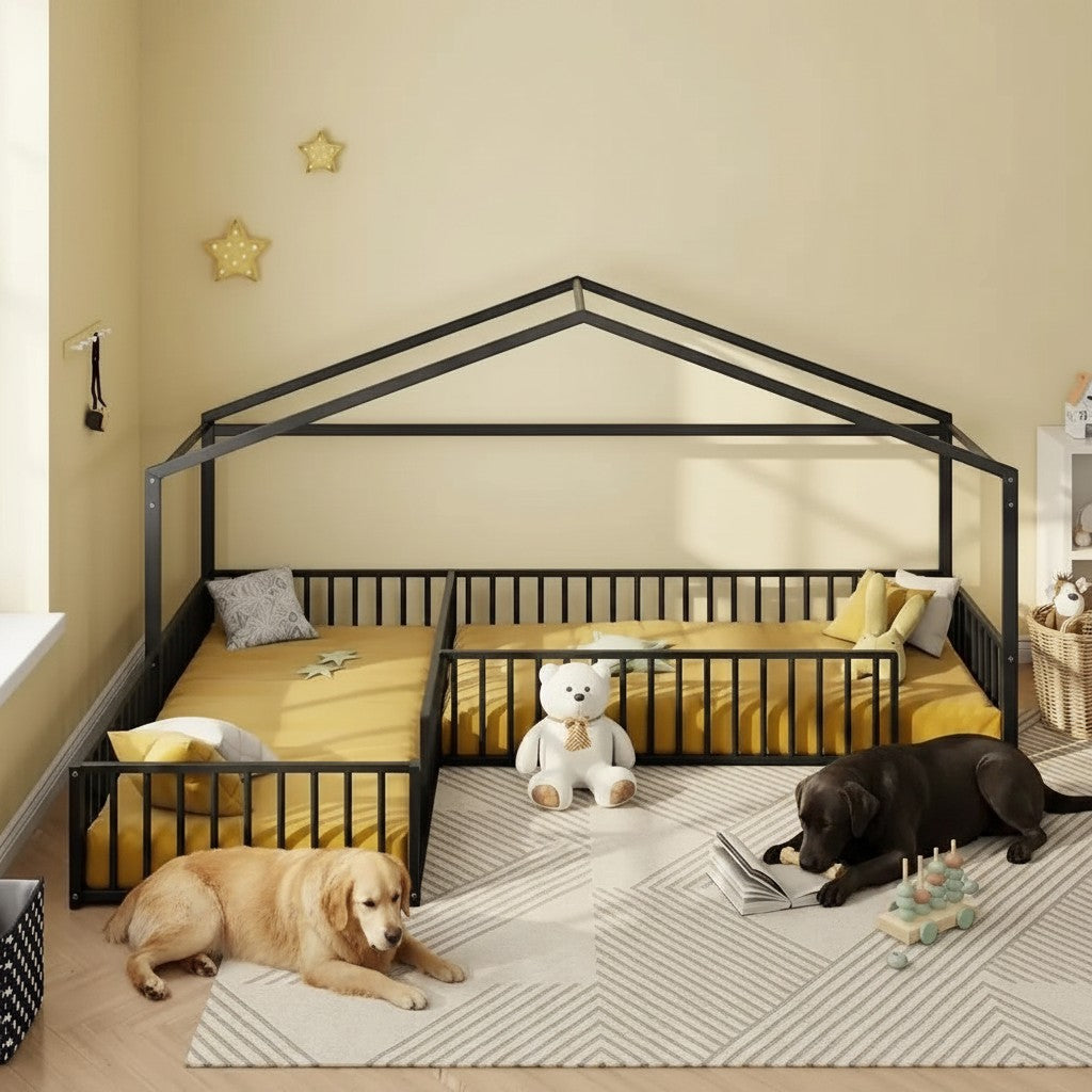 Mincy Pets L-shaped black metal house bed for kids with guardrails and yellow bedding in a cozy bedroom setting