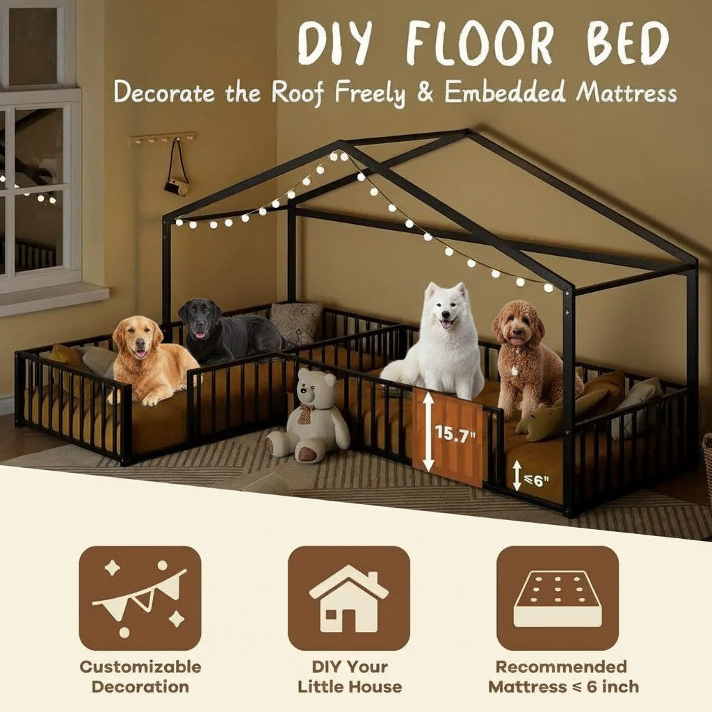 Mincy Pets L-shaped black metal house floor bed for dogs with guardrails and customizable roof frame