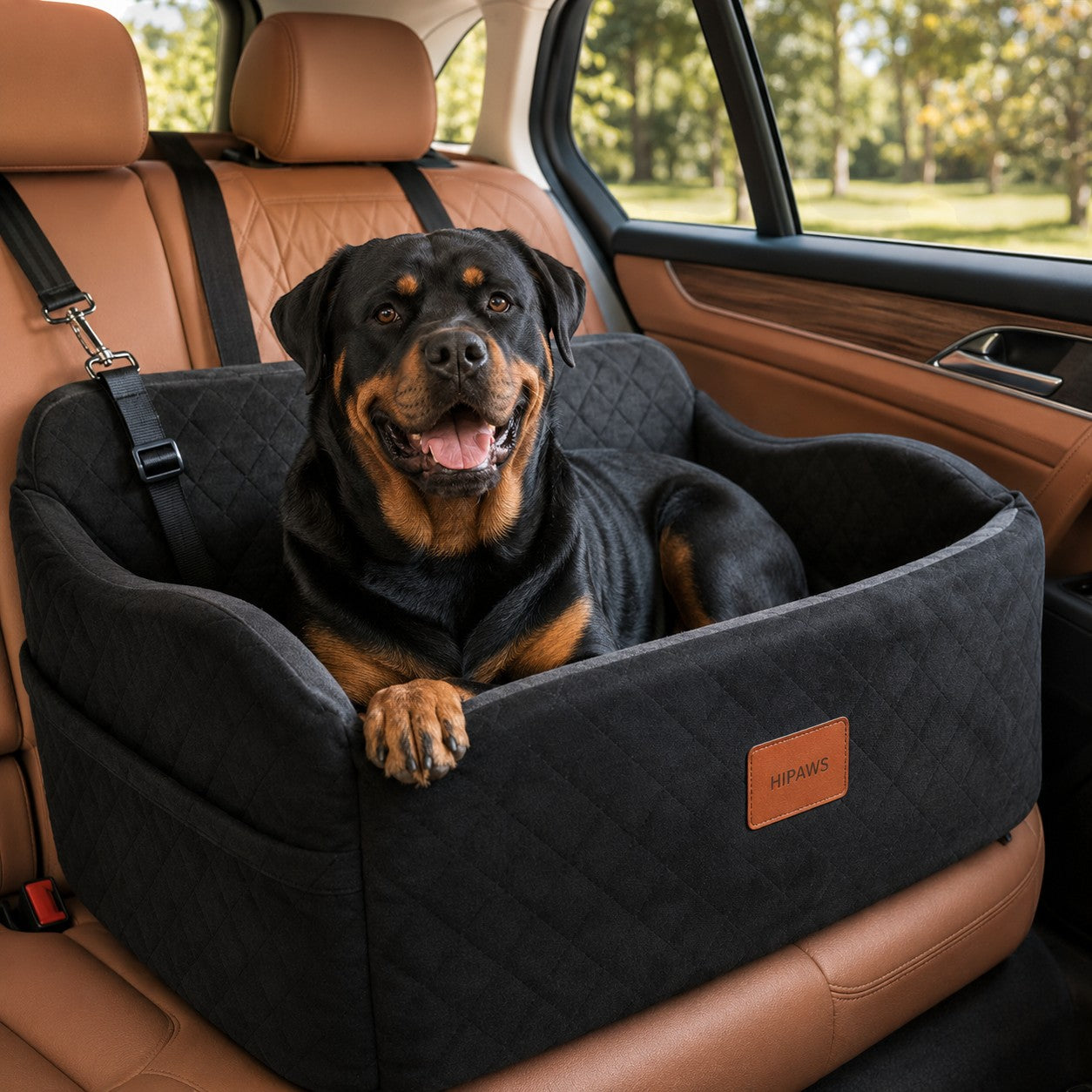 Mincy Pets memory foam dog car booster seat in black quilted fabric with a Rottweiler sitting inside on a car seat.