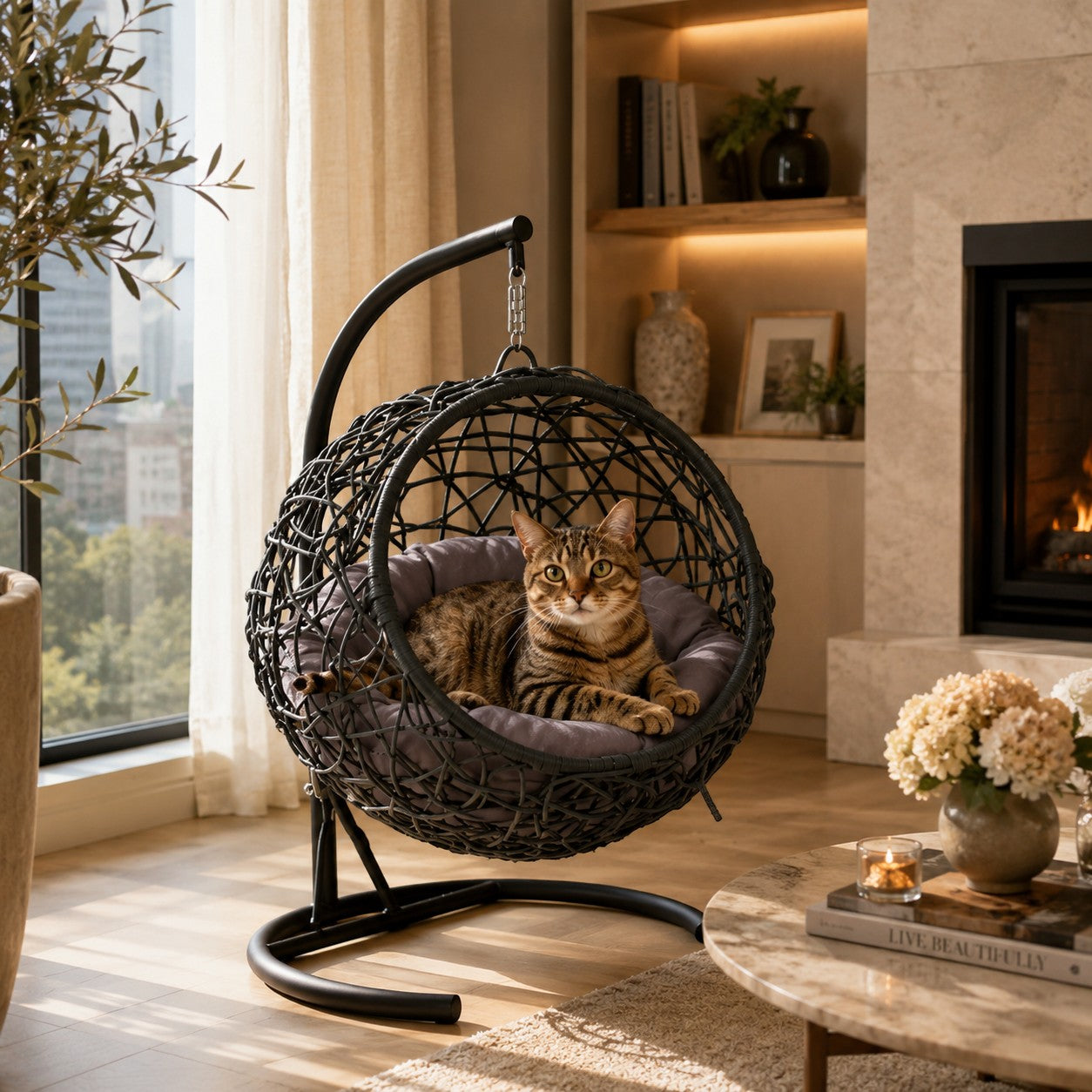 Mincy Pets cat swing egg chair with black rattan-style wicker, metal stand, and soft grey cushion in a cozy living room