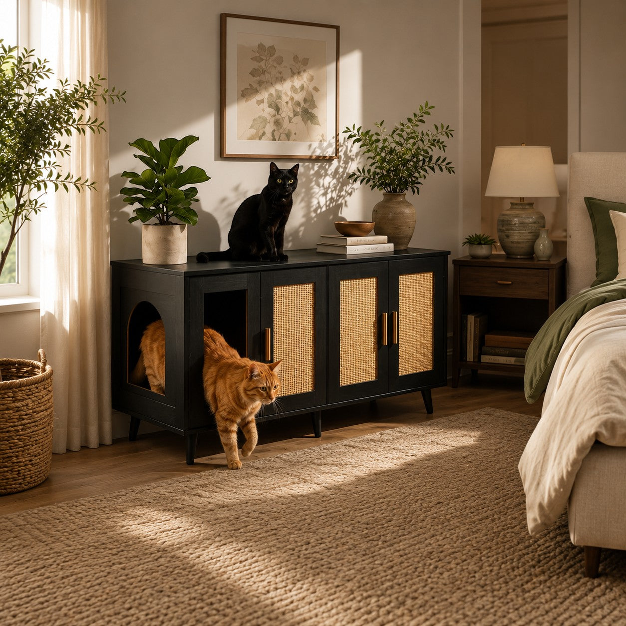 Mincy Pets black litter cabinet with rattan-style doors and gold handles, featuring a cat entering the side opening.