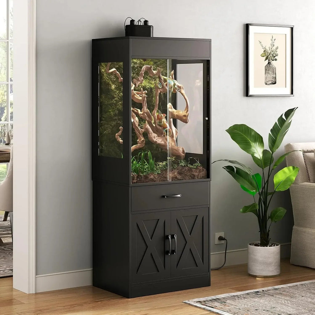 Mincy Pets 67-gallon black reptile terrarium with a storage cabinet, sliding acrylic doors, and integrated power outlet.