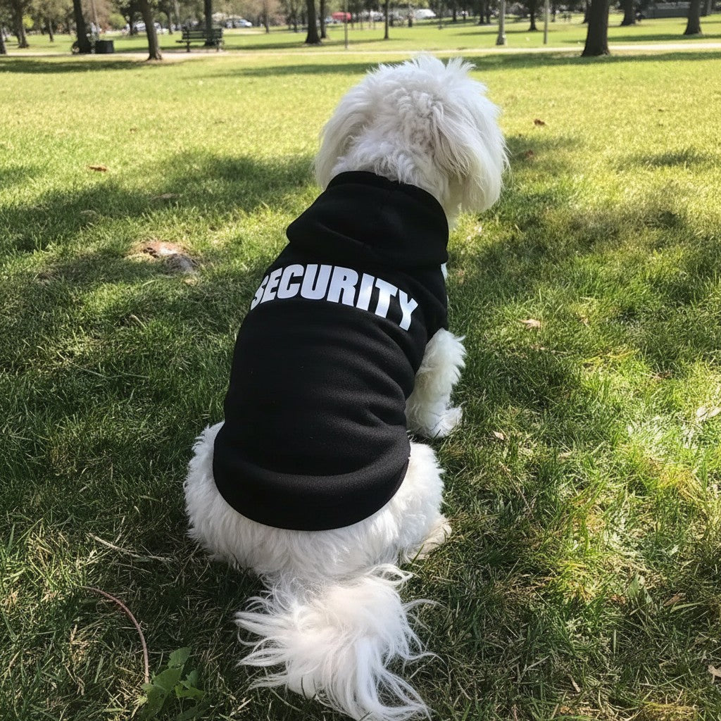 Mincy Pets black dog hoodie with white Security text print worn by a small white dog sitting on a grassy park lawn.
