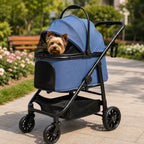 Mincy Pets blue foldable pet stroller with a small dog inside, featuring a carbon steel frame and mesh windows.