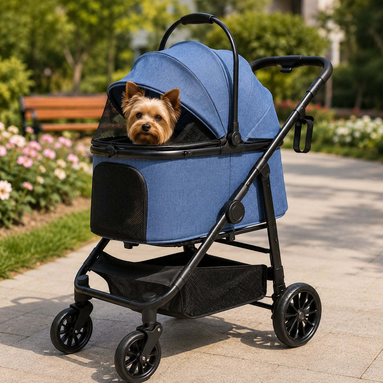 Mincy Pets blue foldable pet stroller with a small dog inside, featuring a carbon steel frame and mesh windows.