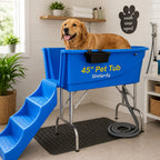 Mincy Pets 45-inch blue heavy-duty pet grooming bathtub with stairs for dogs in a bright home bathroom setting