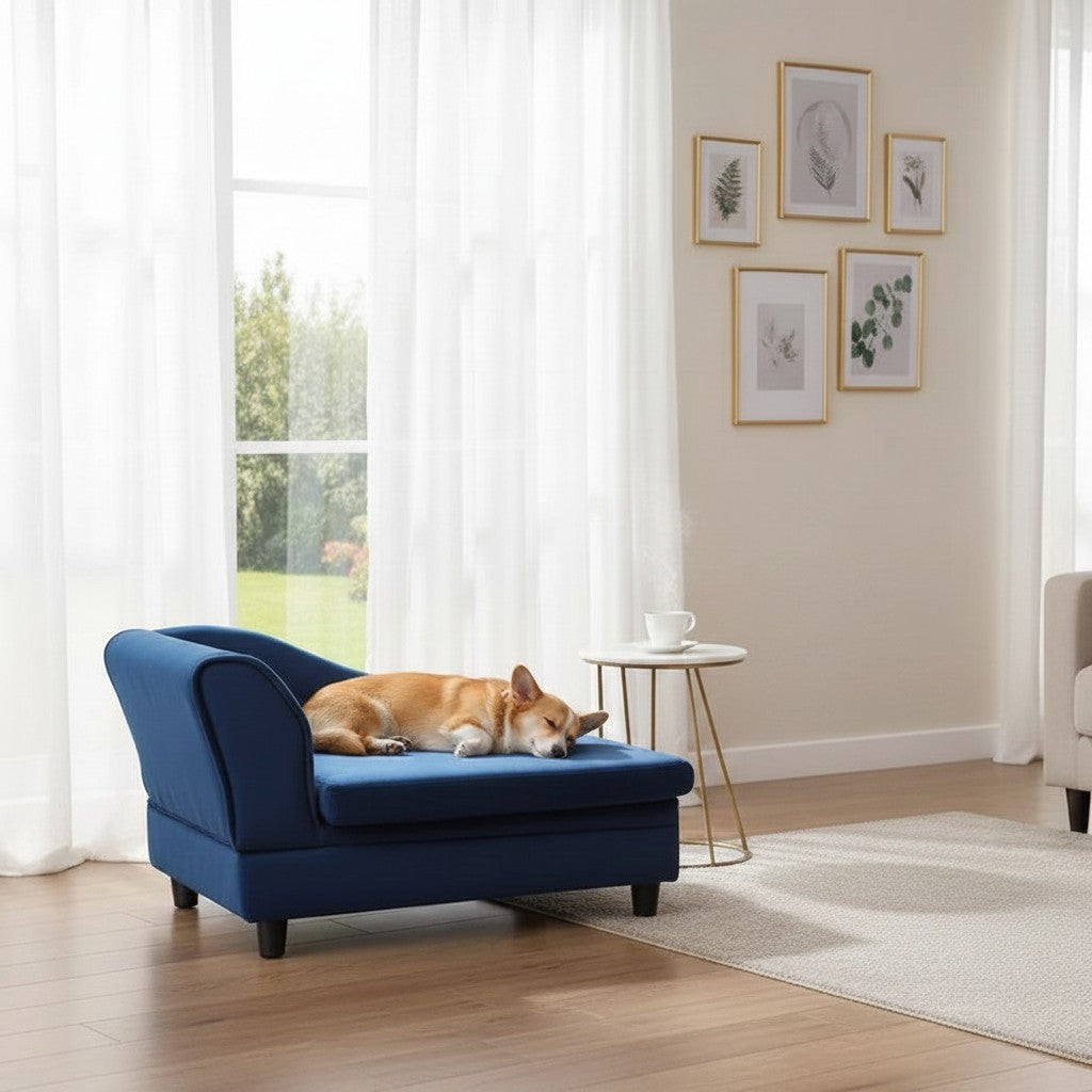 Mincy Pets blue upholstered pet sofa bed with tufted cushion and arched arm, featuring hidden storage for small dogs.