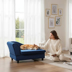 Mincy Pets blue upholstered pet sofa bed with hidden storage and arched arm, featuring a sleeping dog in a living room.