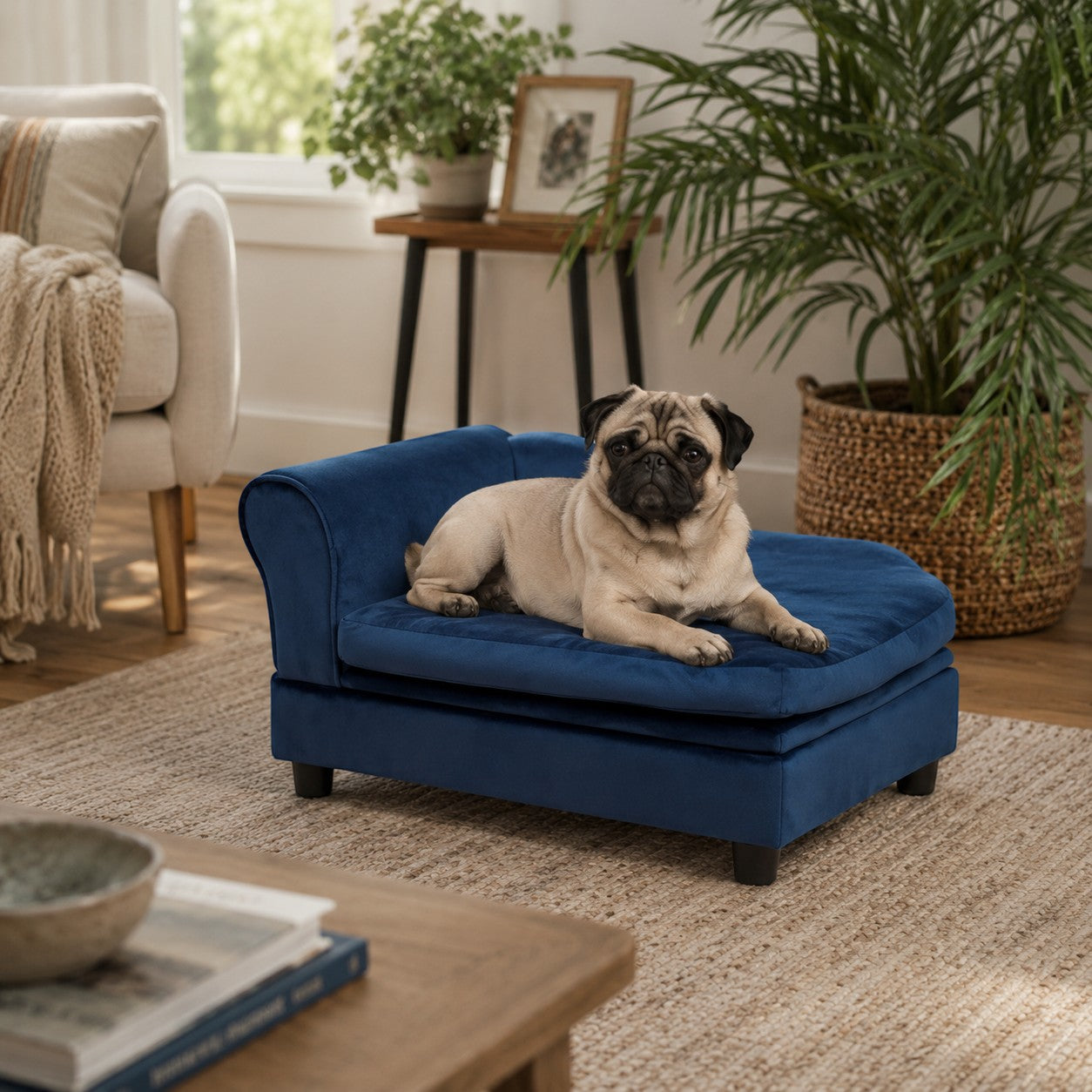 Mincy Pets blue tufted pet sofa bed with storage and arched armrest, featuring a pug resting on the foam cushion.