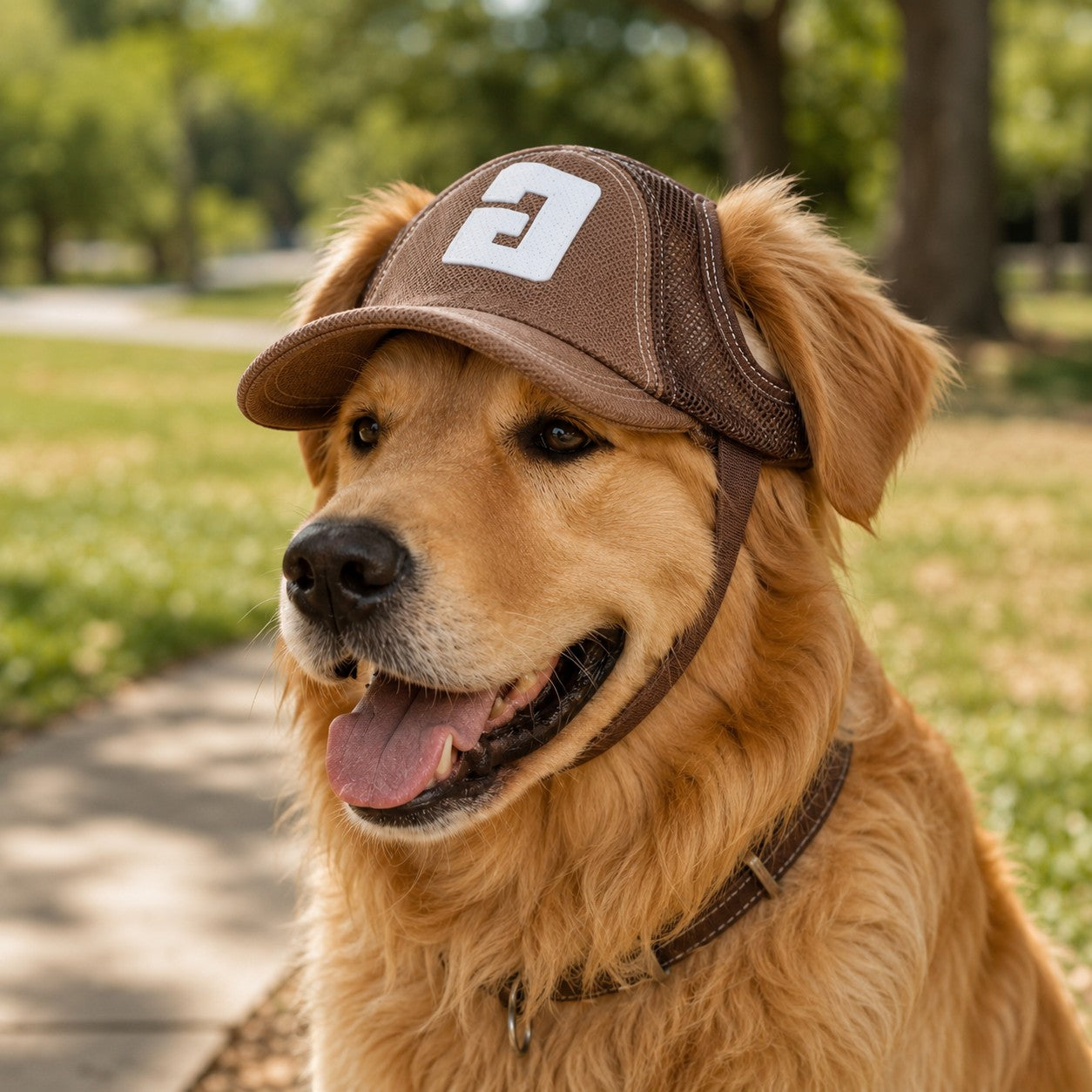 Mincy Pets brown denim dog baseball cap with ear holes and white letter detail worn by a golden retriever outdoors