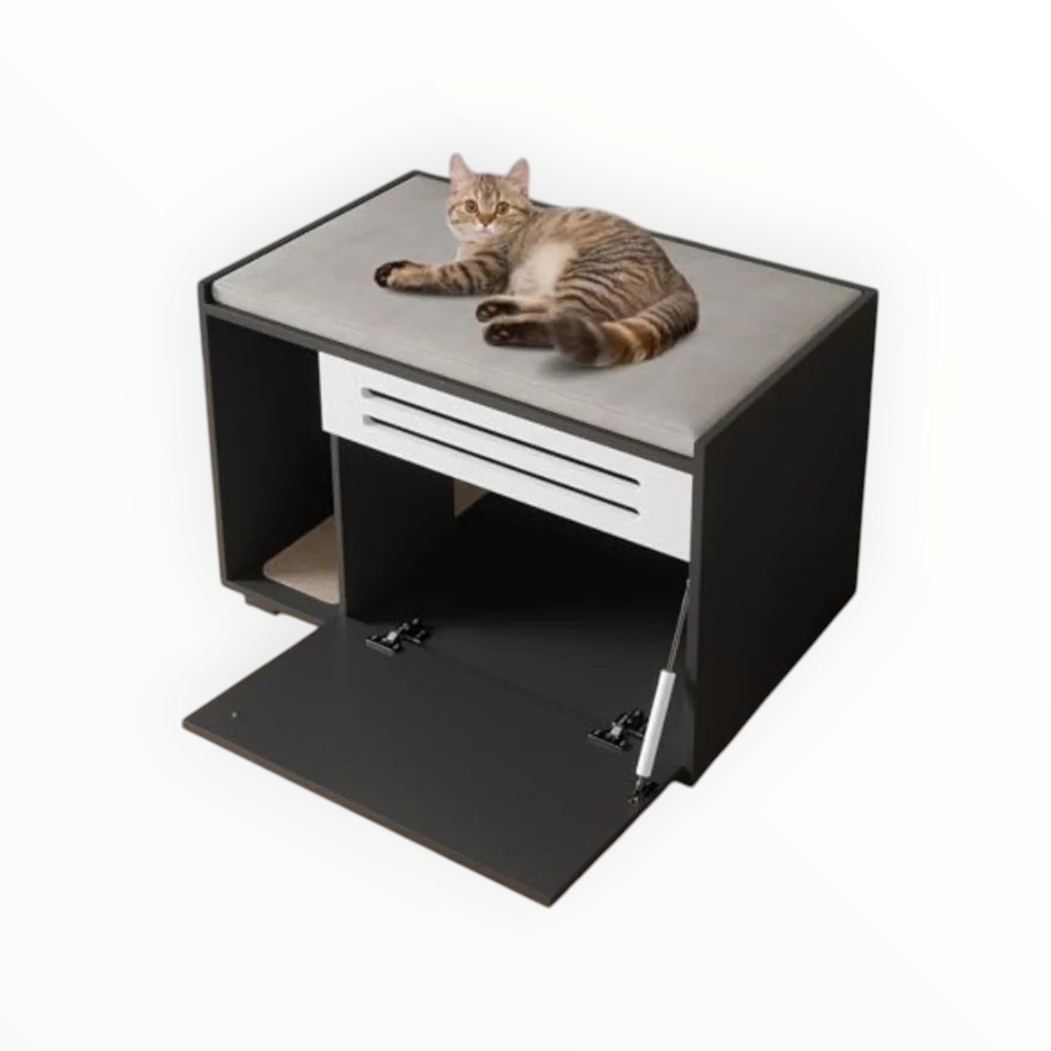 Mincy Pets cat litter box enclosure with a grey padded top, black cabinet, and white vent door, featuring a resting cat.
