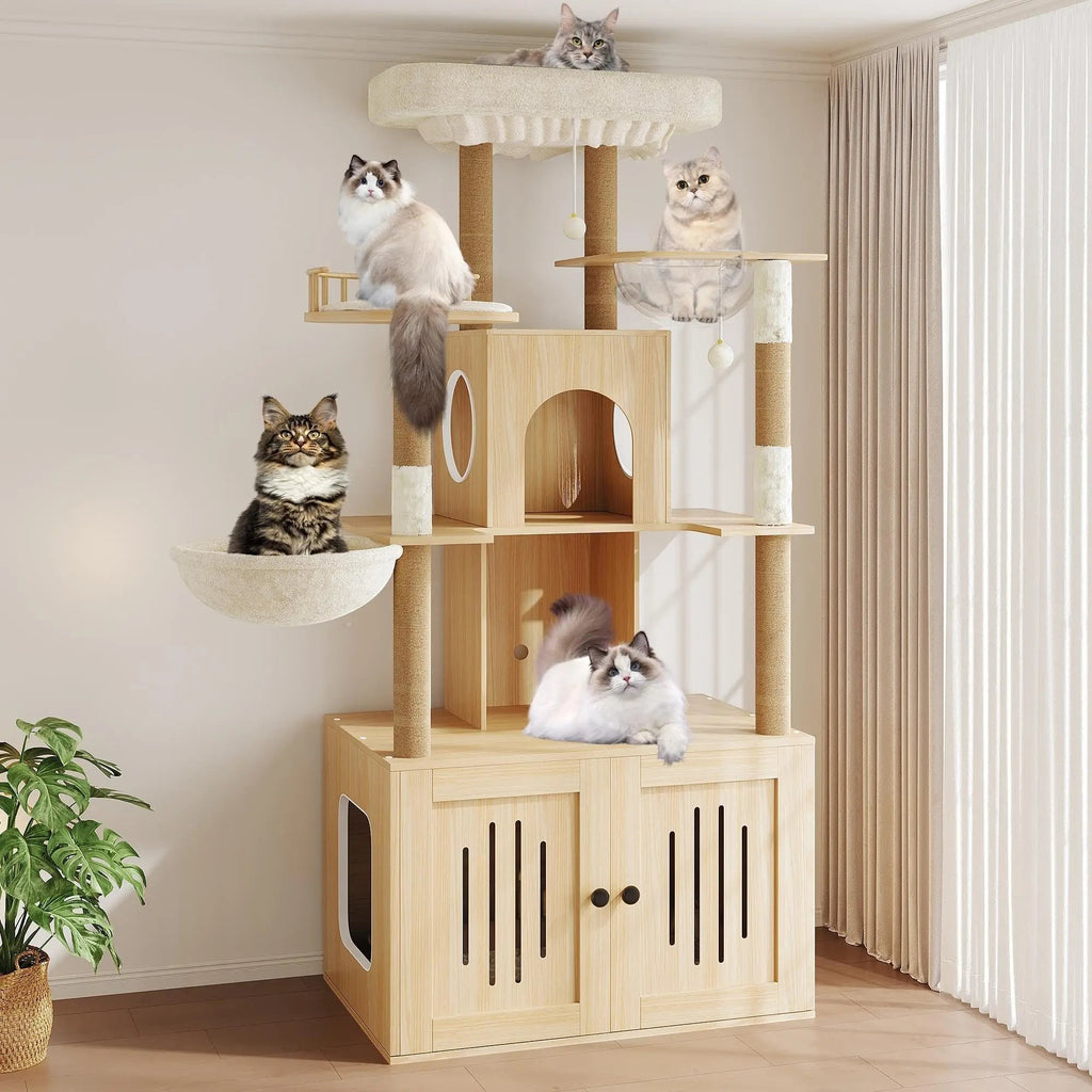 Mincy Pets multi-level cat tree with a wooden litter box enclosure, plush perches, sisal scratching posts, and cats.