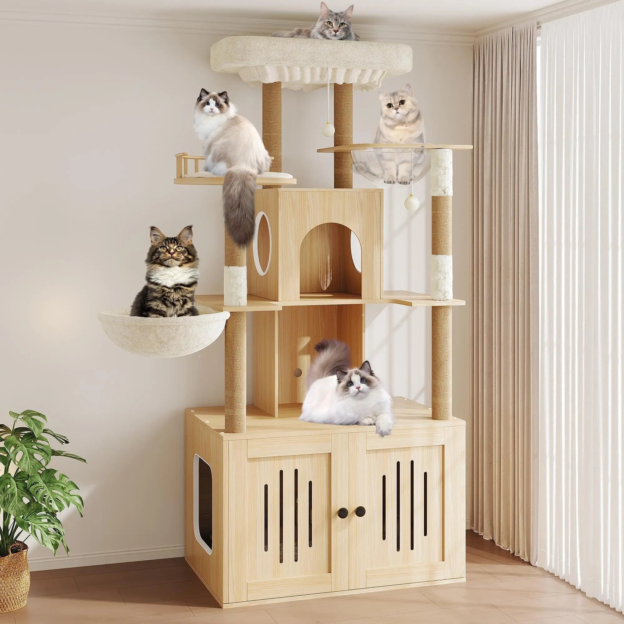 Mincy Pets multi-level cat tree with a wooden litter box enclosure, plush perches, sisal scratching posts, and cats.