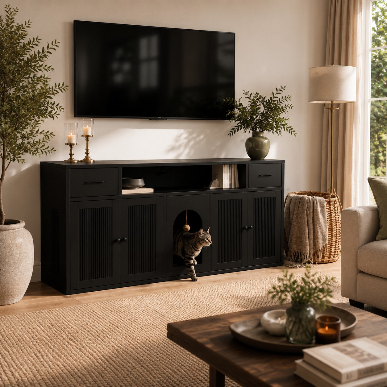 Mincy Pets charcoal two-cat litter cabinet with slatted doors and a cat exiting the central arched opening.