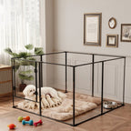 Mincy Pets 8-panel clear acrylic and black metal dog playpen with a mother dog and puppies on a plush beige mat