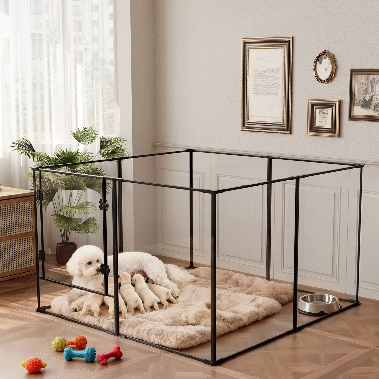 Mincy Pets 8-panel clear acrylic and black metal dog playpen with a mother dog and puppies on a plush beige mat