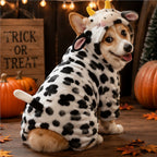 Mincy Pets Crittercozy fleece cow jumpsuit for small dogs with a hood, horns, and tail in a festive autumn setting.