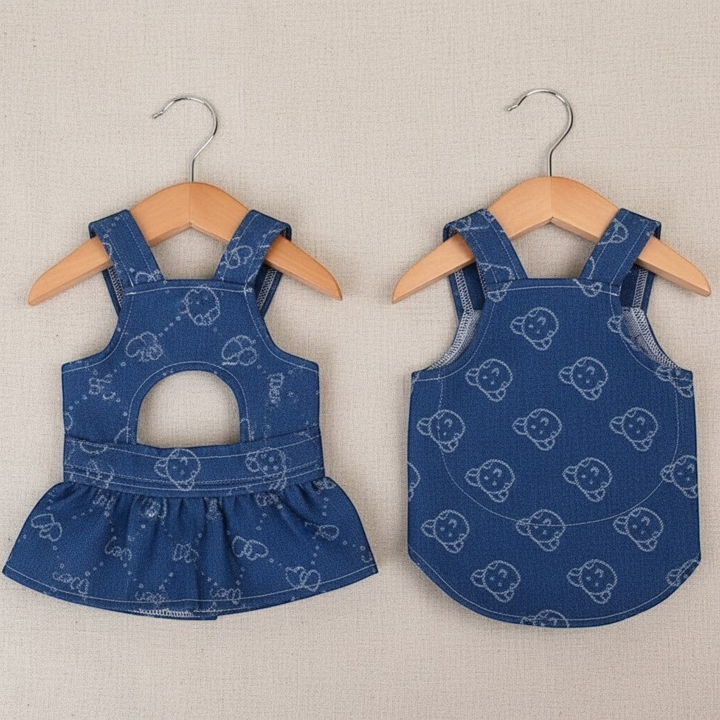 Mincy Pets denim dog dress and vest harness set with cute white bear print for small dogs