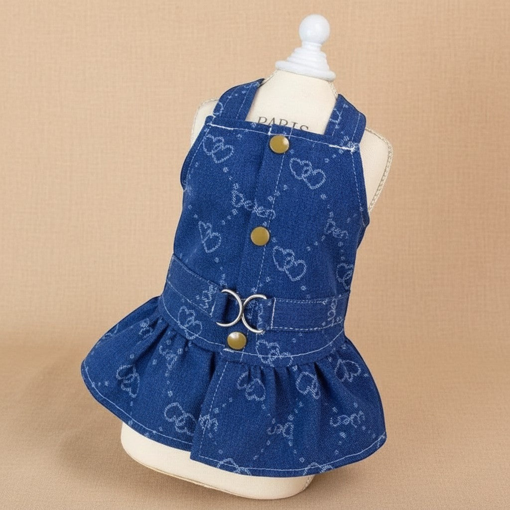 Mincy Pets denim dog dress harness with white heart print, button details, and D-ring for small dogs