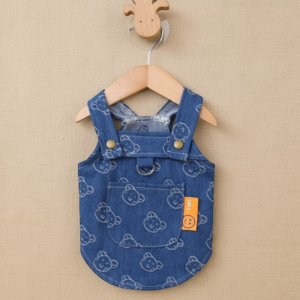 Mincy Pets denim dog dress harness with a cute bear print, front pocket, and D-ring for walking small dogs