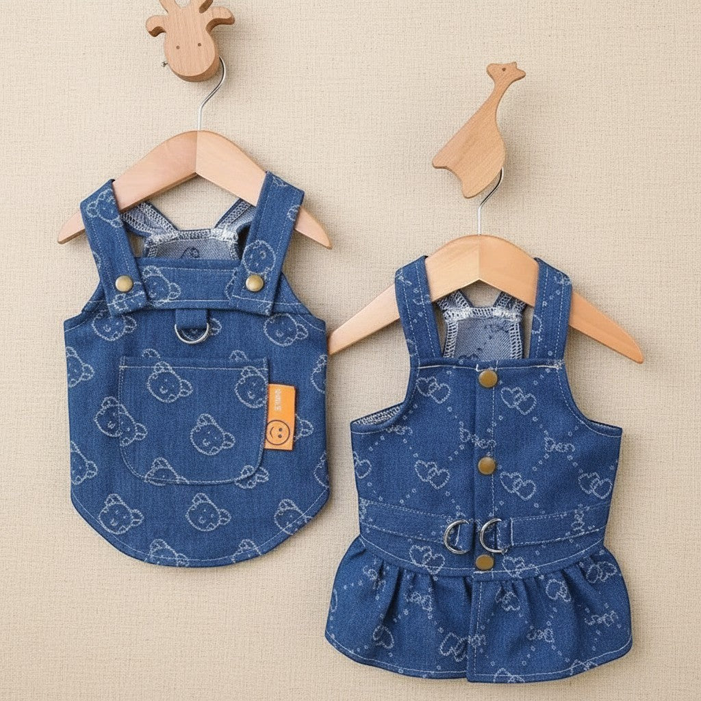Mincy Pets denim dog dress and vest harness set with cute bear and heart prints for small dogs