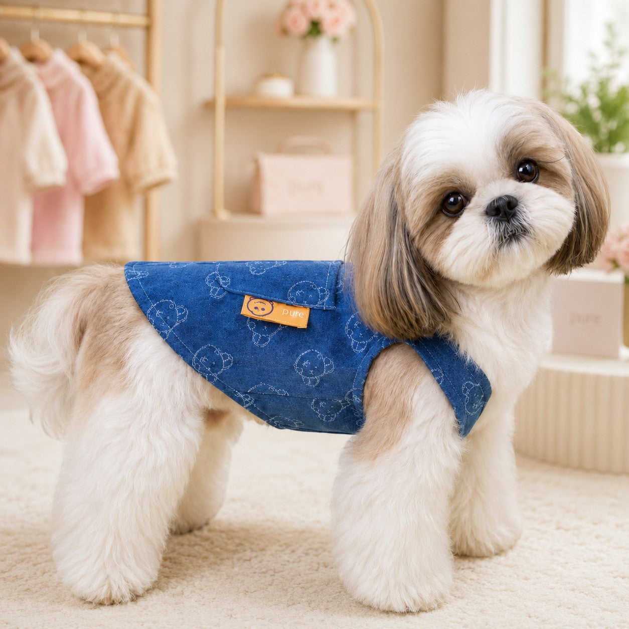 Mincy Pets denim dog harness vest with cute bear pattern and D-ring for small dogs in a bright indoor setting