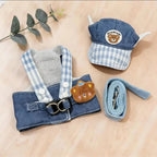 Mincy Pets denim harness set for small dogs with matching plaid cap and leash featuring cute bear patches