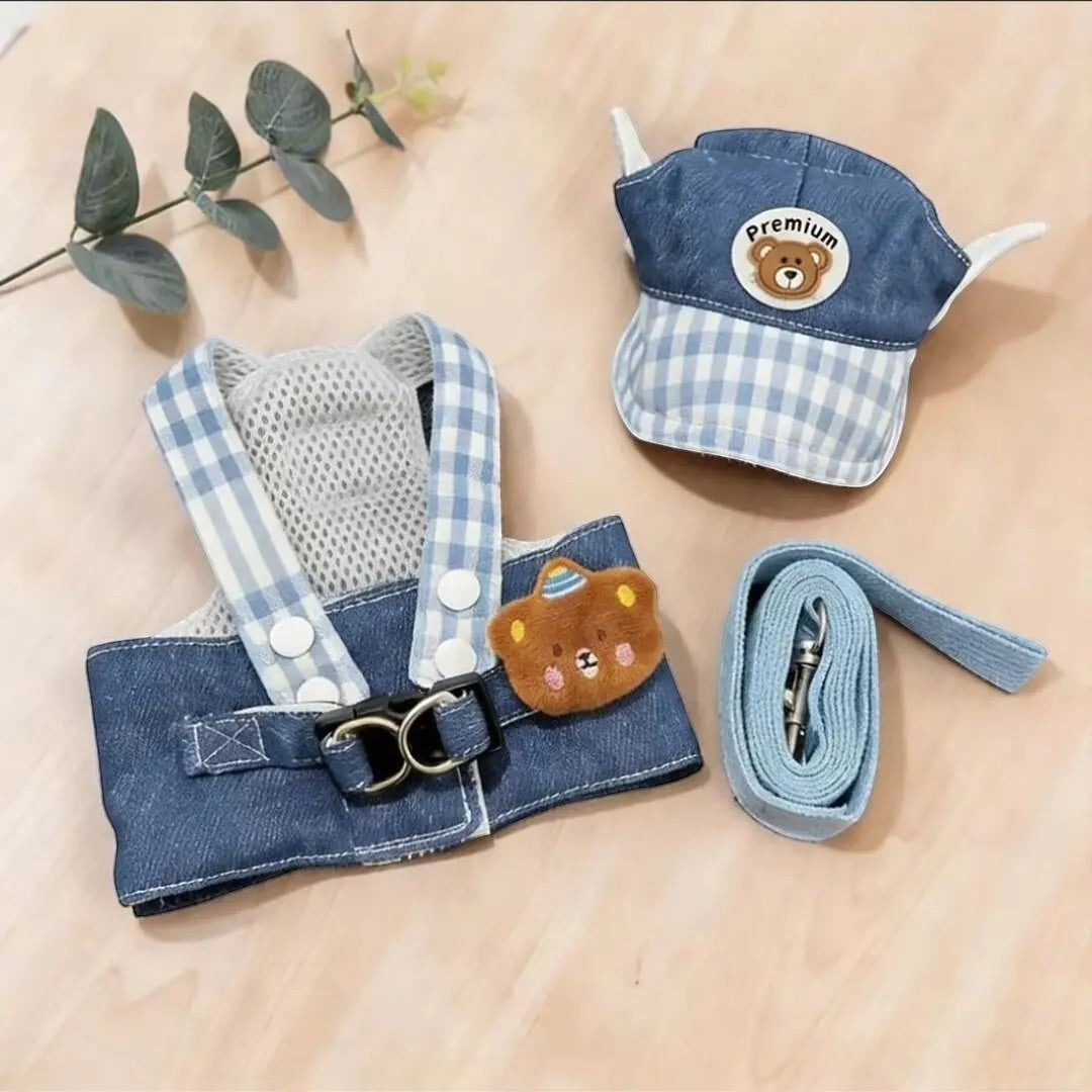 Mincy Pets denim harness set for small dogs with matching plaid cap and leash featuring cute bear patches