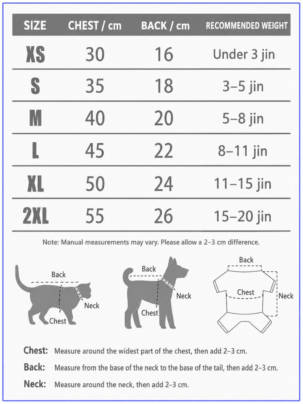 Mincy Pets denim harness set size chart for small dogs and cats showing chest, back, and weight measurements.