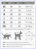 Mincy Pets denim harness set size chart for small dogs and cats showing chest, back, and weight measurements.