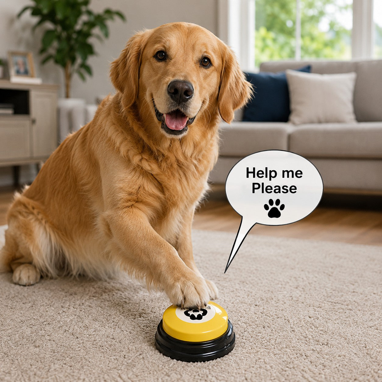 Mincy Pets golden retriever pressing a yellow voice recordable communication button on a living room rug