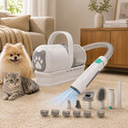 Mincy Pets dog grooming vacuum kit with 6 attachments, featuring a white unit with a paw print design and pets