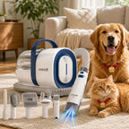 Mincy Pets dog grooming vacuum with 7 attachments, featuring a golden retriever and ginger cat in a cozy living room.