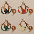 Mincy Pets dog harness and leash sets in red, black, green, and beige with cute bear patterns and padded polyester.