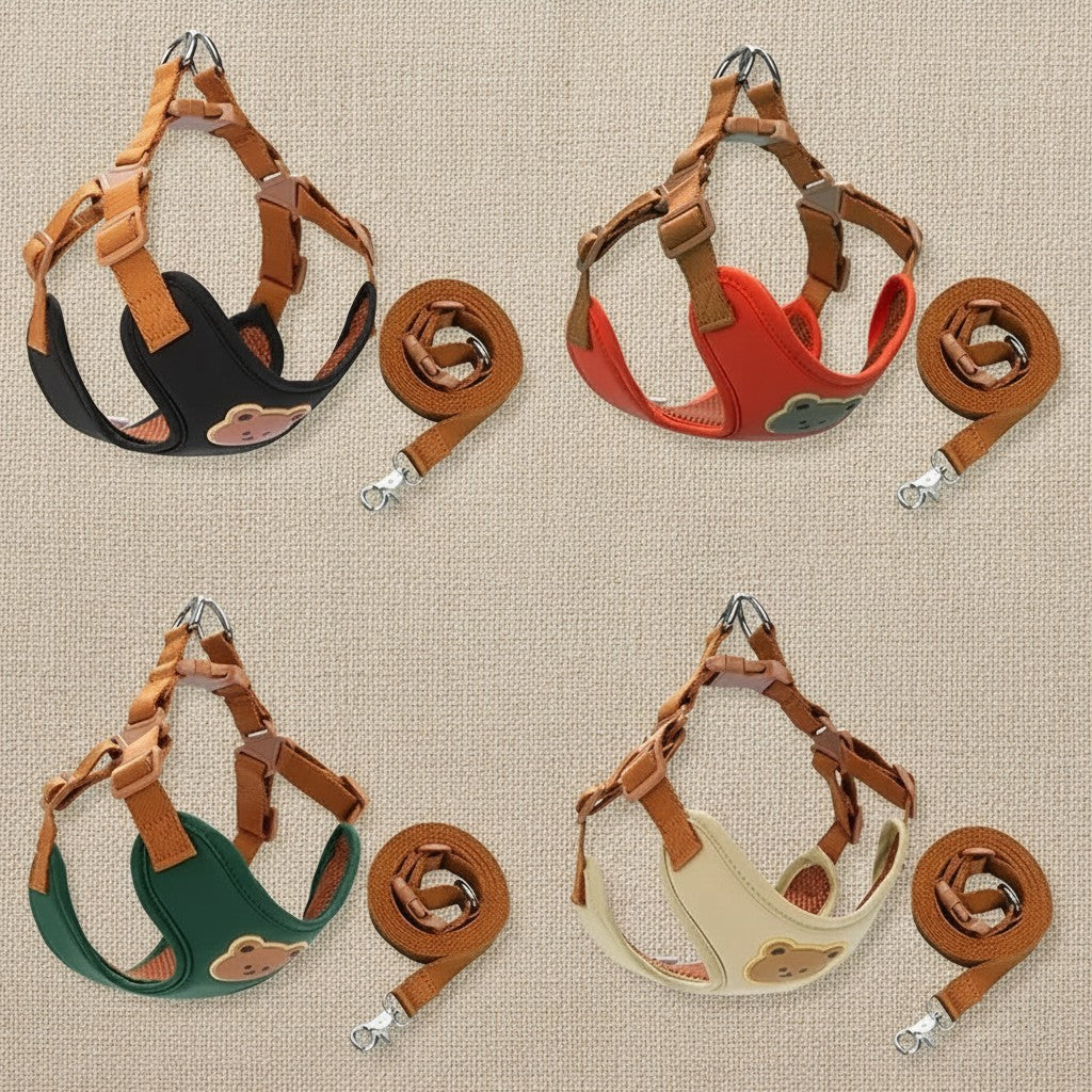 Mincy Pets dog harness and leash sets in red, black, green, and beige with cute bear patterns and padded polyester.