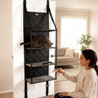 Mincy Pets door-mounted cat tree with four fleece-lined shelves and a quilted black nylon backing for indoor cats