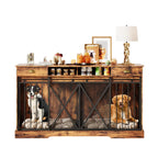 Mincy Pets 63-inch double dog crate furniture with sliding doors, brown wood finish, and metal accents in a living room