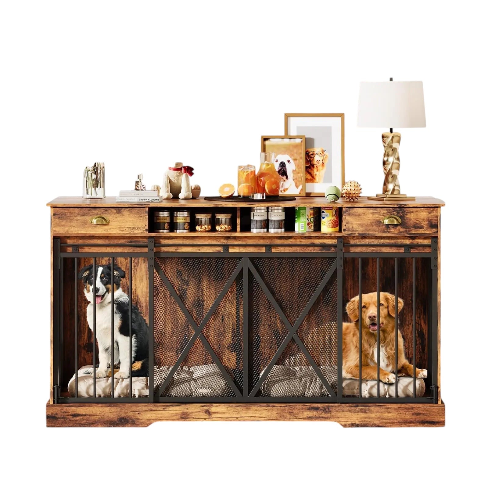 Mincy Pets 63-inch double dog crate furniture with sliding doors, brown wood finish, and metal accents in a living room