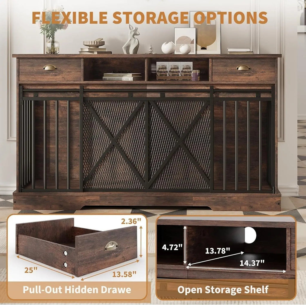 Mincy Pets 63 inch brown wooden double dog crate furniture with sliding doors, storage drawers, and open shelves.