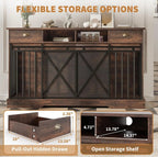 Mincy Pets 63 inch brown wooden double dog crate furniture with sliding doors, storage drawers, and open shelves.
