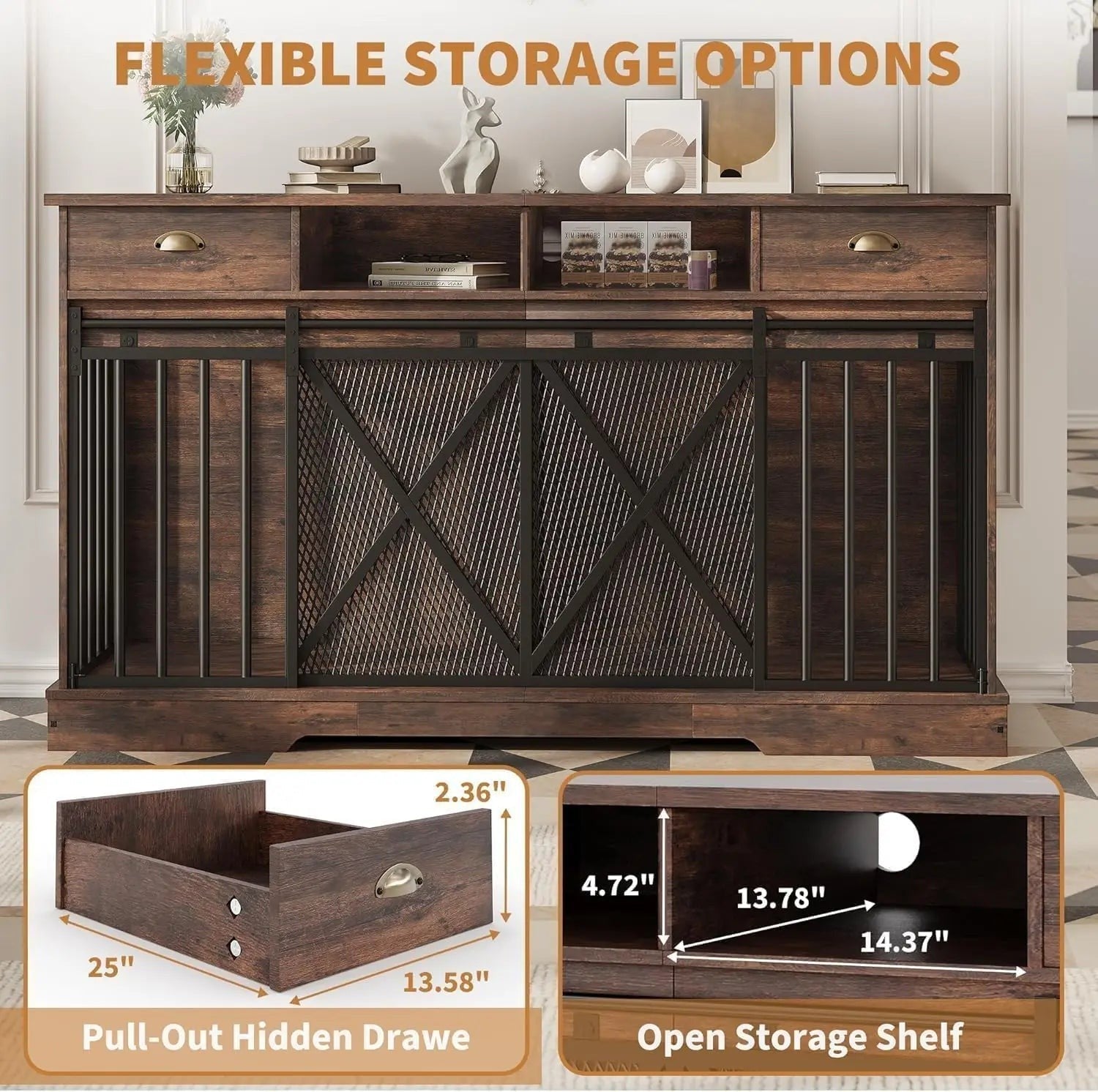 Mincy Pets 63 inch brown wooden double dog crate furniture with sliding doors, storage drawers, and open shelves.