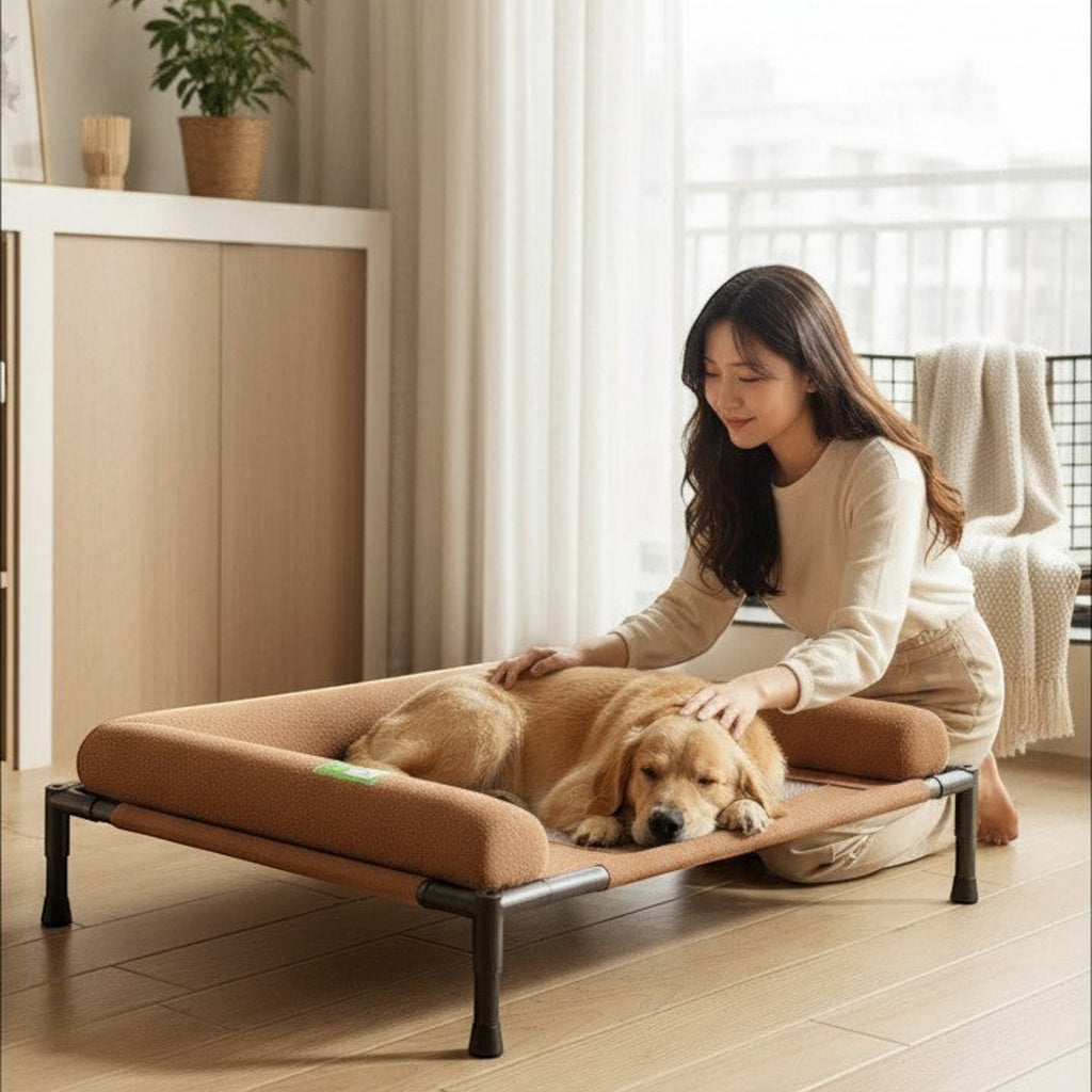 Mincy Pets elevated dog bed with a brown soft-edged pillow, featuring a cooling mesh design for indoor comfort.