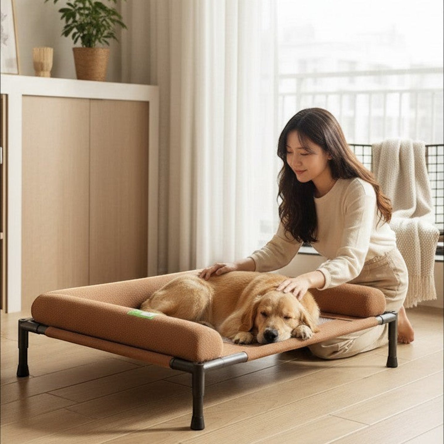 Mincy Pets elevated dog bed with a brown soft-edged pillow, featuring a cooling mesh design for indoor comfort.